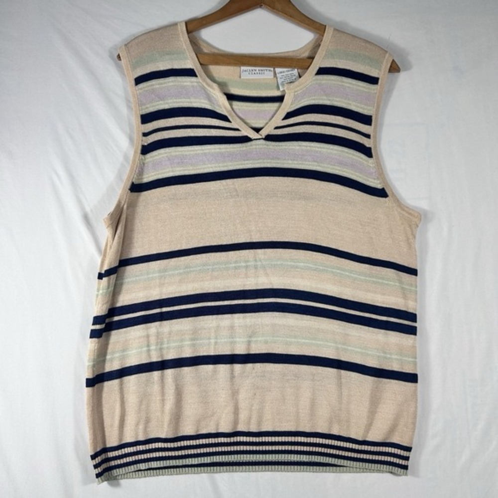 Women's Silk Blend Sweater Vest Pullover Size L Classic Striped V Neck Preppy